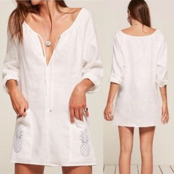 Reformation Martina Pineapple Linen Tunic Dress Pocket TIe Neck Mini Size XL - Picture 1 of 6